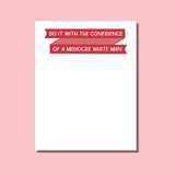 Notepad with humorous feminist quote on a pink background