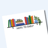 Note to Shelf book notepad with bookshelf illustration on light blue background