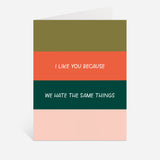 I Like You Because We Hate The Same Things Greeting Card