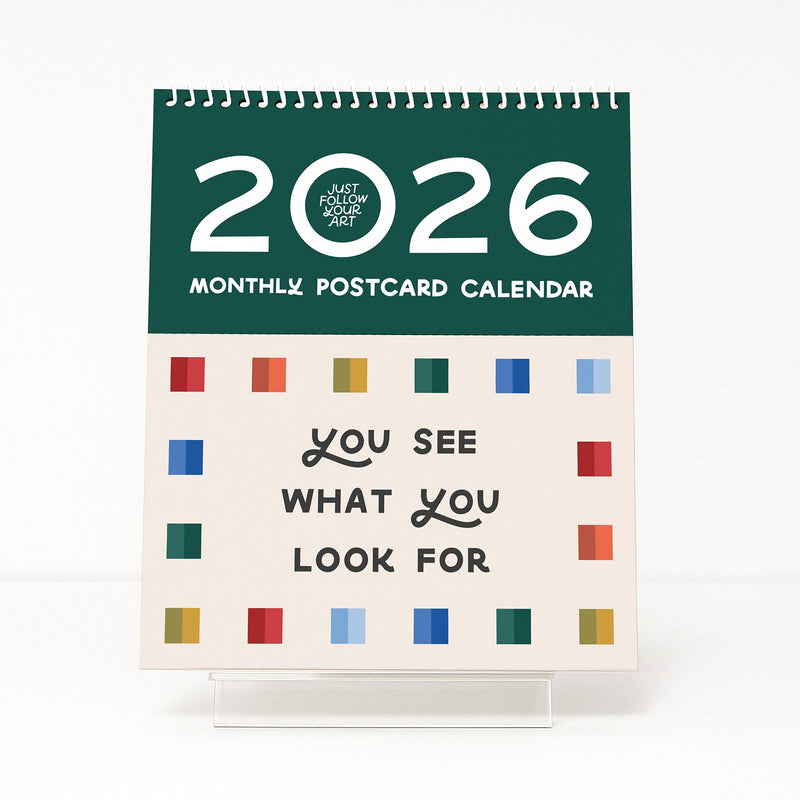 2026 monthly postcard calendar with colorful squares and text on a white background