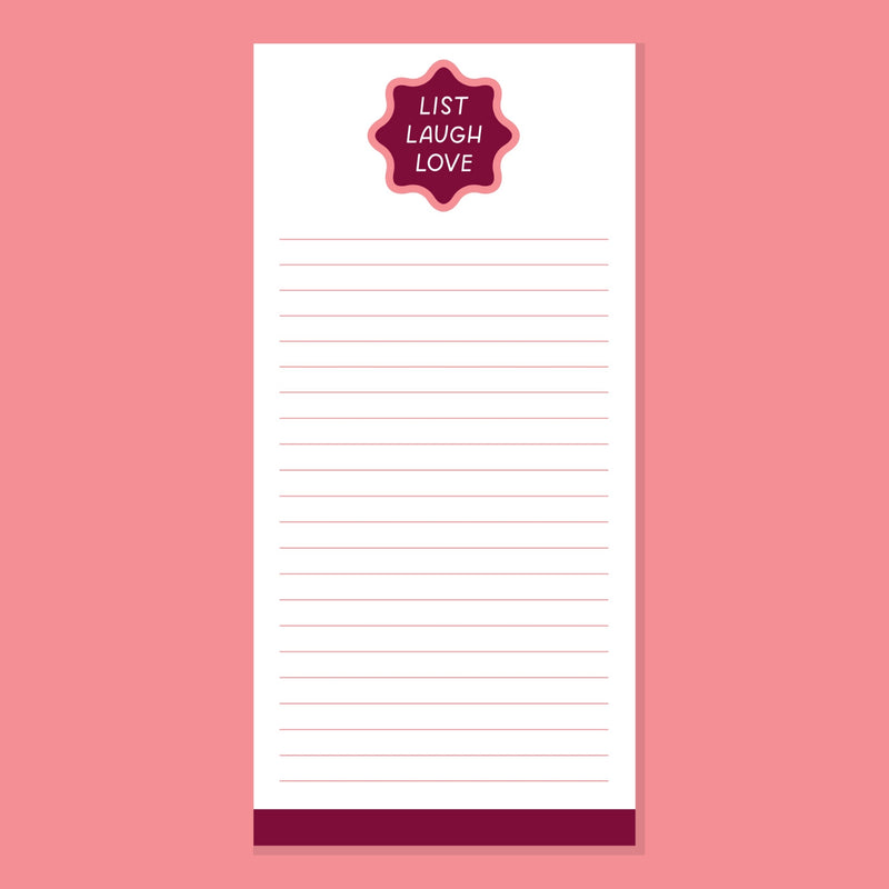 Notepad with a label saying 'List Laugh Love' on a pink background