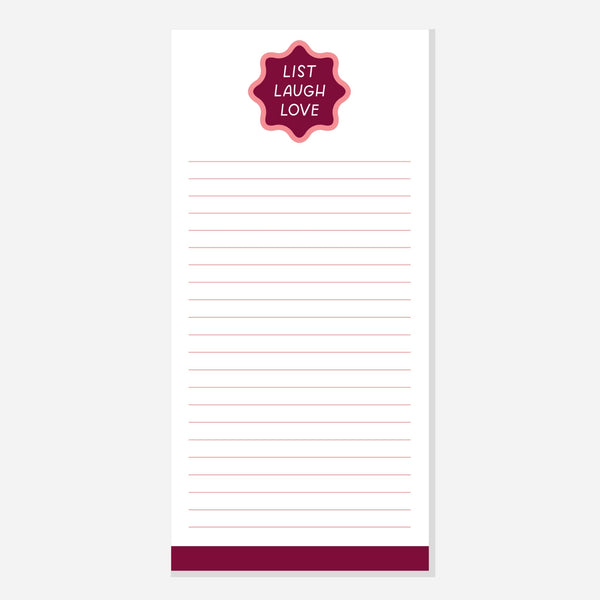 Notepad with a red label reading 'List Laugh Love' on a white background