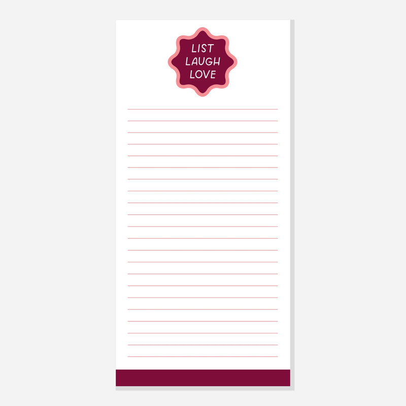 Notepad with a red label reading 'List Laugh Love' on a white background