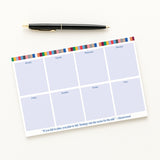Weekly planner sticky notes with a pen on a white background