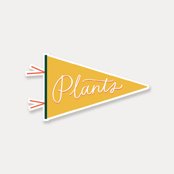 Yellow plant pennant sticker with white script and poppy red orange shadow