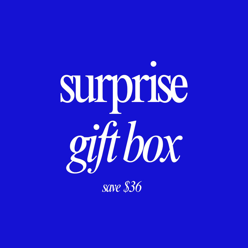 Promotional graphic with 'surprise gift box' text on a blue background